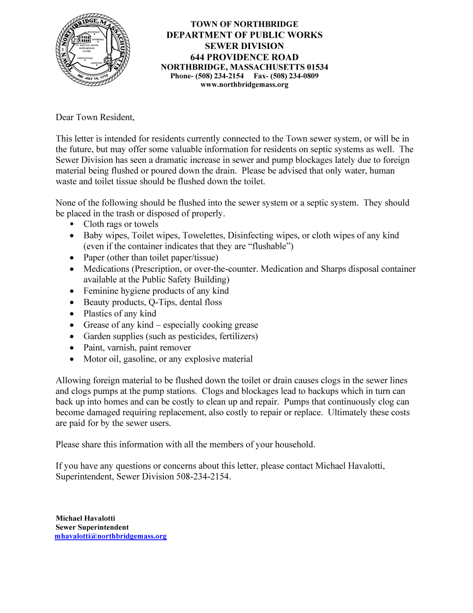 Letter from Sewer Department - Flushables 