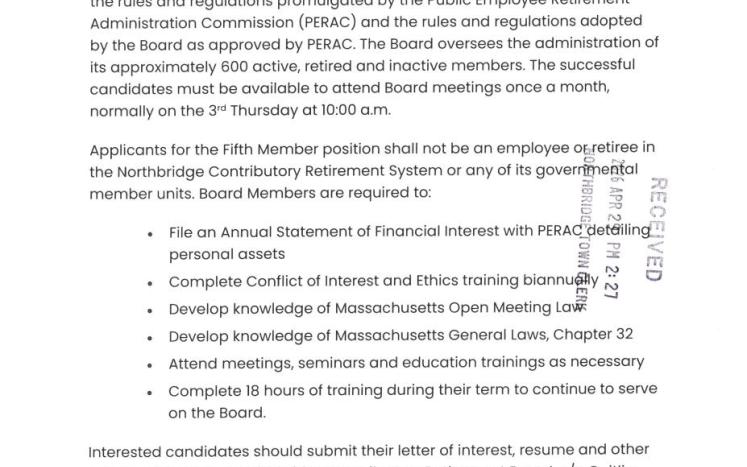 Fifth Member Position - Northbridge Retirement Board